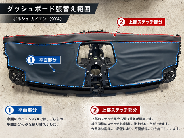 ポルシェ カイエン9YA ダッシュボードの平面部分と上部ステッチ部分の張替え範囲